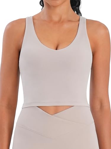 Sunzel Women V-Neck Longline Sports Bras Low U Back Workout Yoga Athletic Crop Tank Top with Built in Bra Beige Small