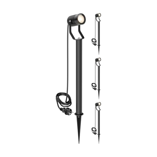 ledscom.de 4 focos de jardín SHINGA con pincho de suelo y base de 40 cm para exteriores, IP65, enchufe, negro, incl. lámpara LED GU10 1103lm, blanco cálido