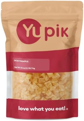 Yupik Dried Pineapple, Diced 2.2 lb (35.2 oz), Non-GMO, Gluten-Free, Kosher, Sweetened Tropical Dried Fruits, Cubed Pineapple, No Added Sulphites, Fruity Snacks, Ideal for Baking & Topping