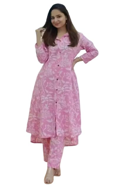 Women’s Pink Cotton Blend Floral Printed Co-ord Set | Calf-Length Kurta Pant Set with Shirt Neck & 3/4 Sleeves Size XS