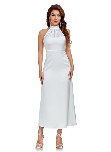 SITELUOYG Damen Elegant Mock Neckholder Partykleid Ärmellos Satin Seide Cocktail Abend Maxikleider, Weiss/opulenter Garten, Mittel