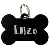 DEREGALOOS Chapa Identificativa Mascotas Personalizada Grabada 2 Caras. Forma de Hueso. Placa para Perros Gatos. Aluminio Ligero. Ideal para Collar o Arnés. No Incluye Anilla (Negro, M)