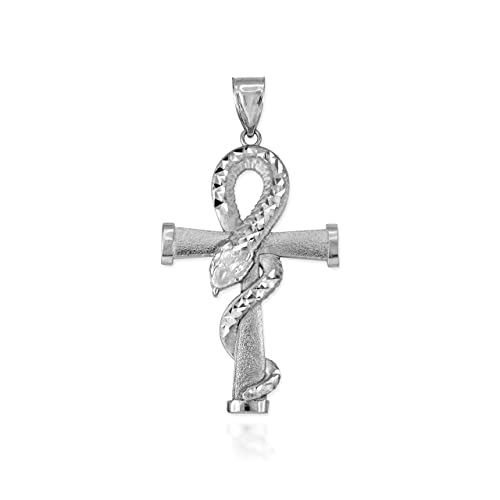 LA BLINGZ Sterling Silver Egyptian Ankh DC Coiled Snake Pendant (2 Sizes: M/L)