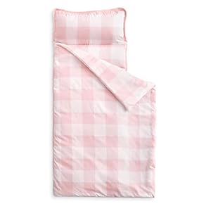 Wake In Cloud – Toddler Nap Mat with Pillow and Blanket, for Kids Boys Girls in Kindergarten Daycare Preschool Pre K, Roll Up Sleeping Bag, Pink White Gingham Buffalo Plaid, Standard Size
