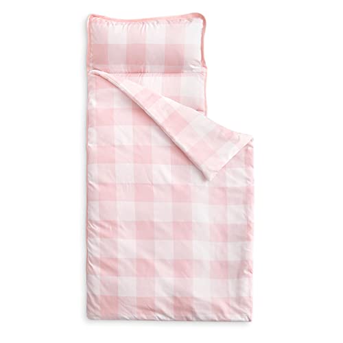 Wake In Cloud – Toddler Nap Mat with Pillow and Blanket, for Kids Boys Girls in Kindergarten Daycare Preschool Pre K, Roll Up Sleeping Bag, Pink White Gingham Buffalo Plaid, Standard Size