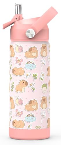 Boys Girls Capybara Water Bottle for SchoolKids 18 oz Insulated Stainless Steel Cup with Straw Double-Wall Vacuum Leakproof