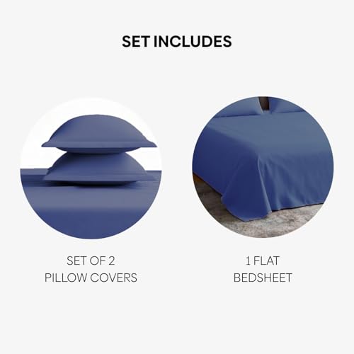 Image of haus & kinder Bedsheet King Size, 300 TC Cotton Sateen Weave, Flat Bedsheet for King Size Bed, Silky Smooth (Blue Haze, 108x108)