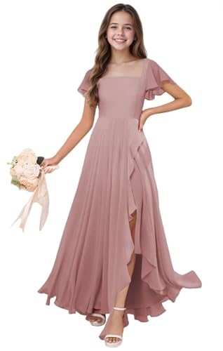 Junior Bridesmaid Dresses for Teen Girls Ruffle Sleeves Chiffon Flower Girl Dresses for Wedding Birthday Party Dress