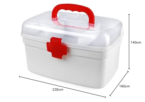Cello Medico First Aid Box Plastic | Tight Lock Mechanism With Convenient Handle | Multi-Purpose Box Suitable For Storing Medicines, Bandages, Ointments, & Medical tools | White & Red