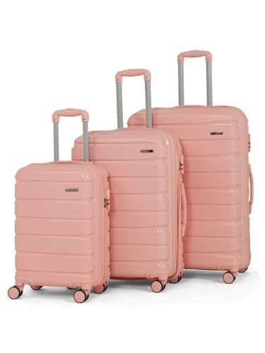 Image of Teakwood MA Trolley Bag, Hard with Zipper Closure, Adjustable Push Button & Cross Side Strap, Number Lock System 360 Degree (Rose, Set of 3)