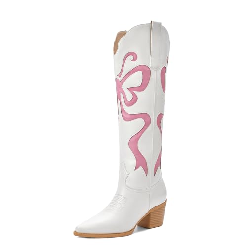 Women's Cowboy Boots With Colorful Bows Embroidered White Knee-High Boots Fashion Almond Toe Chunky Heel Design2