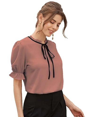 Image of Stylistico Soft Polyester Formal Stylish tie-up Office Solid Western Summer Short v-Neck Casual Plain Puff Half Sleeves Tops for Women Latest