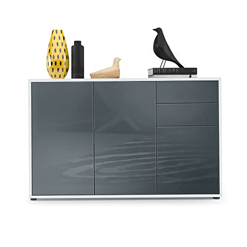 Vladon Buffet Ben V3, Commode avec 3 Portes et 2 tiroirs, Blanc Mat/Gris Haute Brillance (117 x 74 x 36 cm)