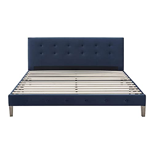 Image of Decoro Seattle Modern Tufted Upholstered Platform Bed | Headboard and Wood Frame with Wood Slat Support, King, Antonio Sapphire
