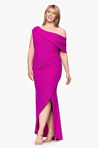 Image of Betsy & Adam Women's One-Shoulder, Floor-Length, Draped Detail, Fitted Silhouette Evening Gown, New Fushia, 16W