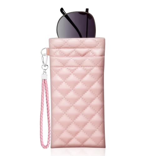 Image of Double Eyeglass Case Squeeze Top Glasses Pouch, Leather Soft Sunglasses Case with Carrying Strap