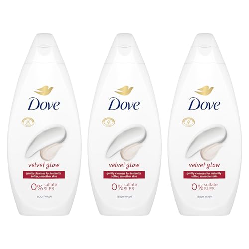 Dove Body Wash 0% Sulfate SLES for Women Made with Naturally Derived Cleansers and Plant Based Moisturiseres Gently Cleanses for Softer and Smoother Skin, 225ml (3 Pack, Velvet Glow)