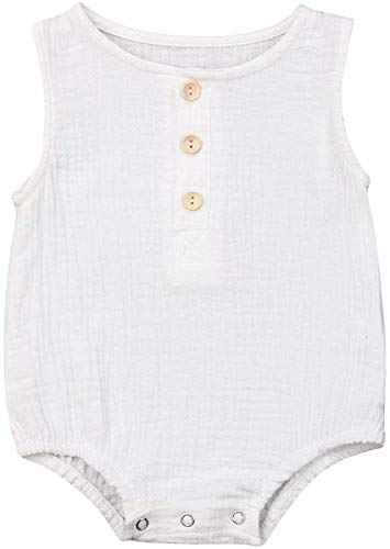 Image of Newborn Button Baby Boy Girls Bubble Romper Sleeveless Cotton Summer Romper Jumpsuit Clothes (White, 0-3 M)