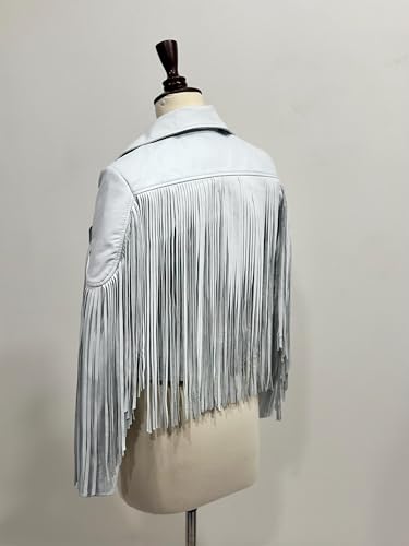 Treegalore Womens Genuine White Lambskin Leather Western Cowgirl Fringe Jacket With Fringe Native American Style2
