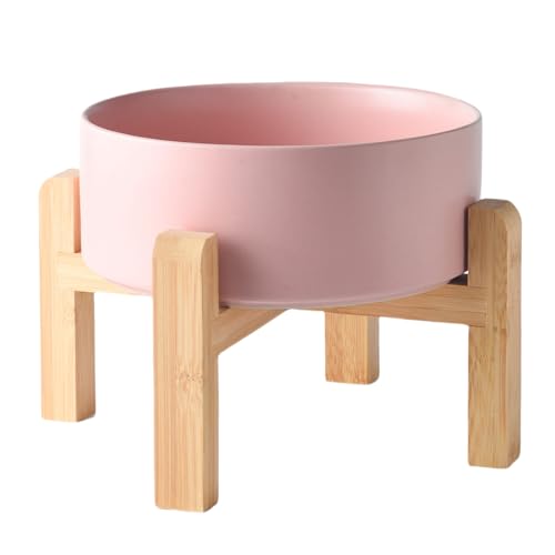 Welloyed 8'' Ceramic Raised Dog Bowl - 70Oz Dog Food & Water Bowl with Elevated Non-Slip Bamboo Stand, Dishwasher & Microwave Safe, Anti Vomiting Heavy Duty Pet Bowl for Medium and Large Dogs, Pink