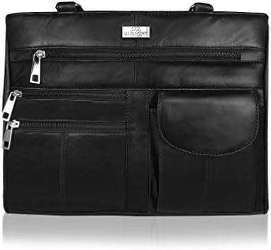 Quenchy London Ladies Leather Handbag in Soft Black Leather - Womens Designer Shoulder Hand Bag with 2 Top Handles  8 Pockets, 2 Large Zipped Main Sections  Medium Practical Size - QL173