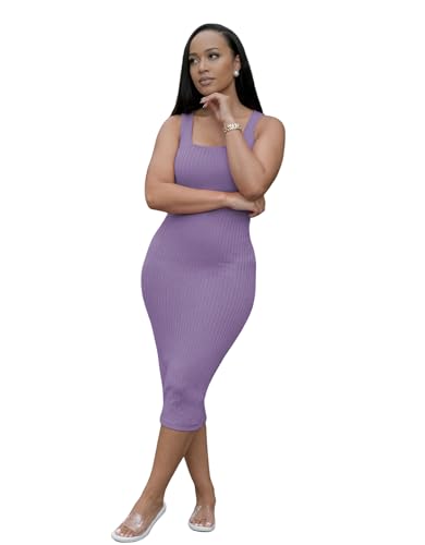 Image of TOPSRANI Women Sexy Midi Dress Bodycon Casual Sleeveless Basic Ruched Tank Summer Club Party Dresses