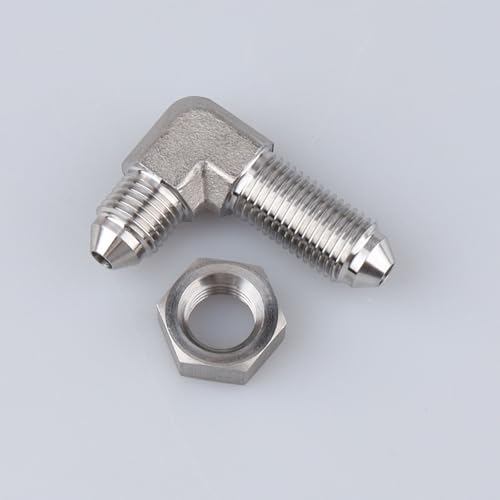 Image of Stainless Steel 90 degree -3 AN Male to -3 AN Male Flare Bulkhead Pipe Hose Fittings Adapter with AN3 Stainless Bulkhead Lock Nut