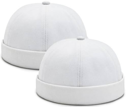 Lot de 2 Casquettes Docker sans Visière pour Hommes et Femmes – Bonnet Marin Rétro en Coton avec Bord Roulé Chapeau Brimless Travailleur Blanc