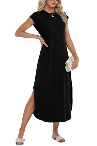 Image of HiMONE Beach Vacation Dresses for Women 2025 Sundress Cap Sleeves Casual Maxi Beach Dress with Pockets XS-2XL