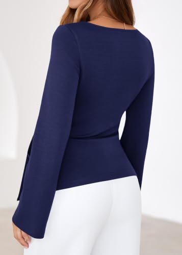 Lazysmile Womens 2026 Spring Long Sleeve Shirts Crewneck Tie Waist Crop Going Out Tops Casual Business Blouses Navy — view 2