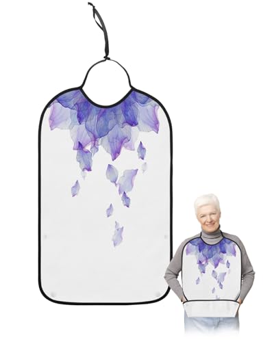 Adult Bibs for Elderly Women - Purple Ombre Waterproof Dining Clothing Protectors with Crumb Catcher for Eating/Feeding, Watercolor Purple Floral Modern Abstract Art Terry Cloth Bib Machine Washable