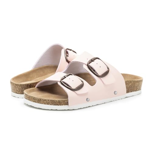 Image of FITORY Womens Flat Sandals with Cork Footbed, Open Toe Arch Support Slides Adjustable Slip On Slippers for Summer 2026 Size 6-11