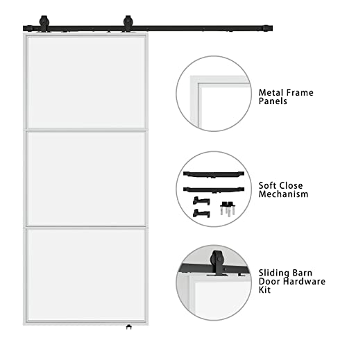 Jubest 36In X 84In Glass Barn Door With 6Ft Hardware Kit & Soft Close, Clear Tempered Glass Carbon Steel Pre Drilled White Frame Sliding Barn Door Panel #TOP1