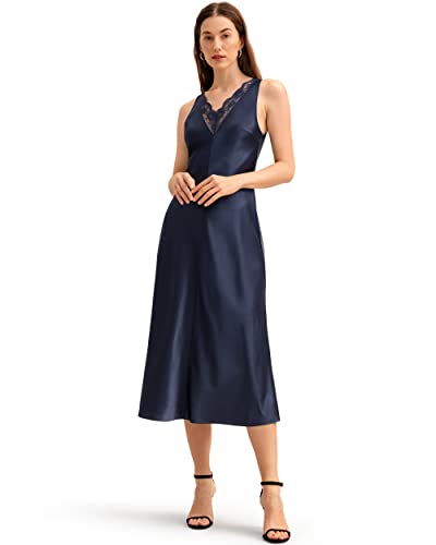 LilySilk Womens 22 Momme Silk A-line Dress Ladies Sleeveless Maxi Midi Evening Gown with Lace Decoration on V Neck Girls No Zipper Cocktail Dress Navy Blue 6
