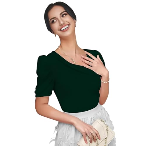 Image of Women's Asymmetric Neck Puff-Balloon Bishop Sleeve Casual Tee Top | Winter Dress | Western Dress | Women Dress | Trendy Dress