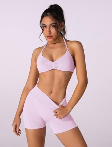 ABOCIW Womens Seamless Workout Sets 2 Piece Strappy Halter Sports Bra Scrunch Butt Shorts Gym Yoga Outfits4