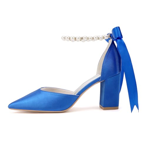 Women's Pointed Toe Block Heels High Hells Ankle Strap Pearls Chunky Satin Bridal Shoes Evening Dress Pumps3