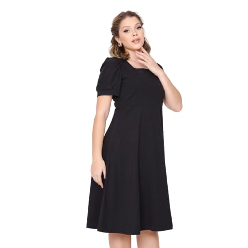 Vestido Rodado de Manga Princesa Midi Feminino Moda Evangélica (BR, Alfa, M, Regular, Regular, preto