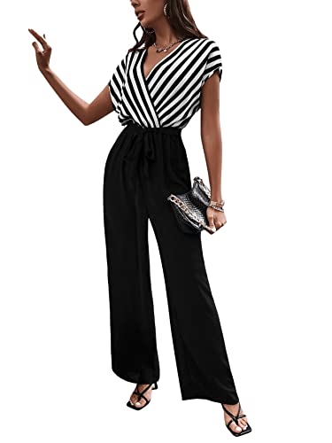 Sweatyrocks Women's Striped Short Sleeve Wrap Tie Front Wide Leg Pants Jumpsuit Romper Black White M #TOP2