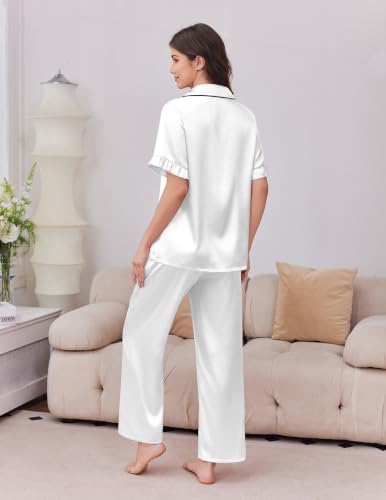 Image of Ekouaer Silk Satin Pajamas for Women Set 2 Piece Short Sleeve Button Up Pjs | Two Side Pockets,Soft Bridesmaid Lounge Set,Bridal Ruffle Sleepwear,Wedding Party,Honeymoon Vacation,Postpartum