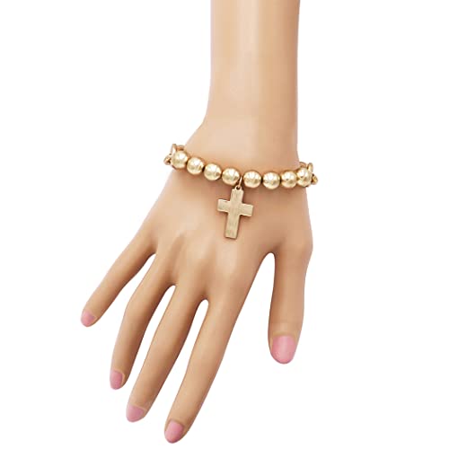Rosemarie's Religious Gifts Women's Statement Matte Gold Tone Cross Charm On Ball Bead And Chunky Cable Link Chain Stretch Bangle Bracelet, 7" #TOP3