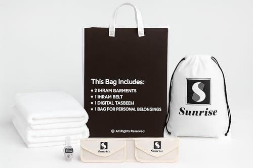 Complete Ihram Package for Hajj and Umrah - 1 Set of Cotton Ihram Garments, 2 Pockets-Belt, Digital Tally Counter, Bag for Personal Belongings - Comfortable, Lightweight, and Breathable Pilgrimage Set