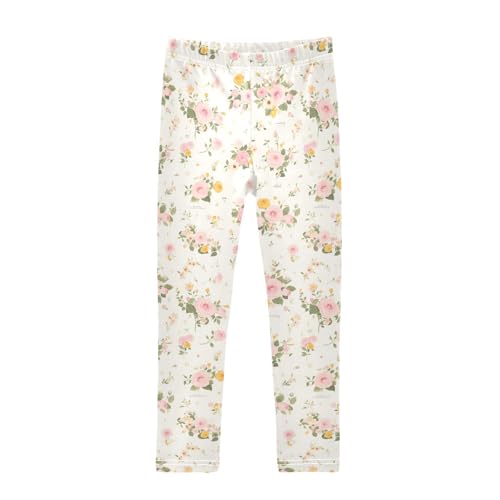 KLL Rose Bouquet Design Pattern White Toddler Baby Girl Cotton Pants Stretchy Full Length Lounge Pants Sports