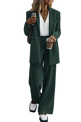 PRETTYGARDEN Women's Fall 2 Piece Outfits Business Casual Blazer Jacket and Wide Leg Pants Pockets Suit Sets (Dark Green,Large)