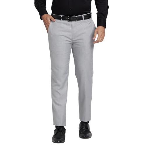 Image of Park Avenue Men's Mid Rise Checks Pattern Super Slim Fit Polyester Blend Flat Front Formal Trouser