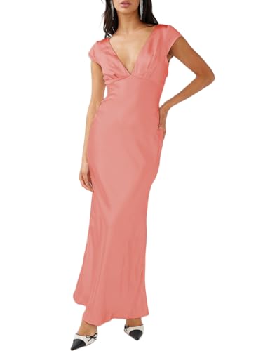 Halfisland Womens Summer Satin V Neck Cap Sleeve Backless Maxi Dress Elegant Twist Cut Out Midi Dresses Wedding Guest