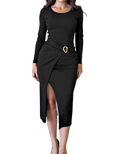 CHICME Women's Bodycon Midi Dress 2025 Long Sleeve Ruched Waist Slim Fit Slit Buckle Decor Dress Cocktail Party Dress