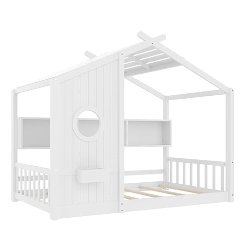 Image of Twin Size Floor House Bed with Roof and Window for Kids, Wooden Playhouse Bed with Storage Shelves for Bedroom Furniture Girls & Boys (White /L2, Twin)