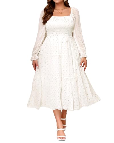 Sommerkleid in Übergröße – Brautparty, Abschlussfeier, Hochzeitsgast, goldfarbene Punkte, gesmoktes Midikleid, Weiß-goldene Punkte, lange...