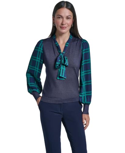Image of Tommy Hilfiger Women's Long Sleeve Twofer Sweater with Woven Sleeves